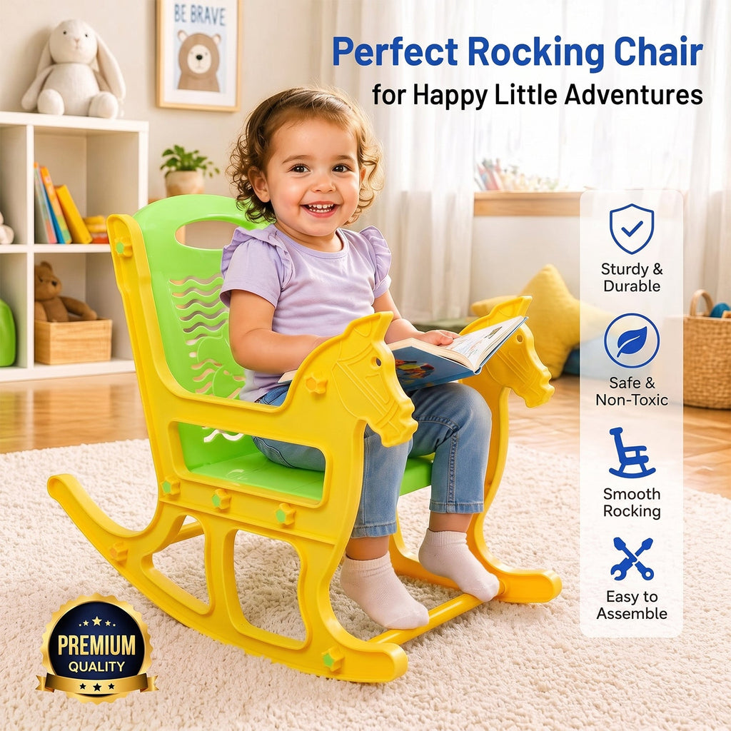 Plastic baby rocker seat in horse design for playtime