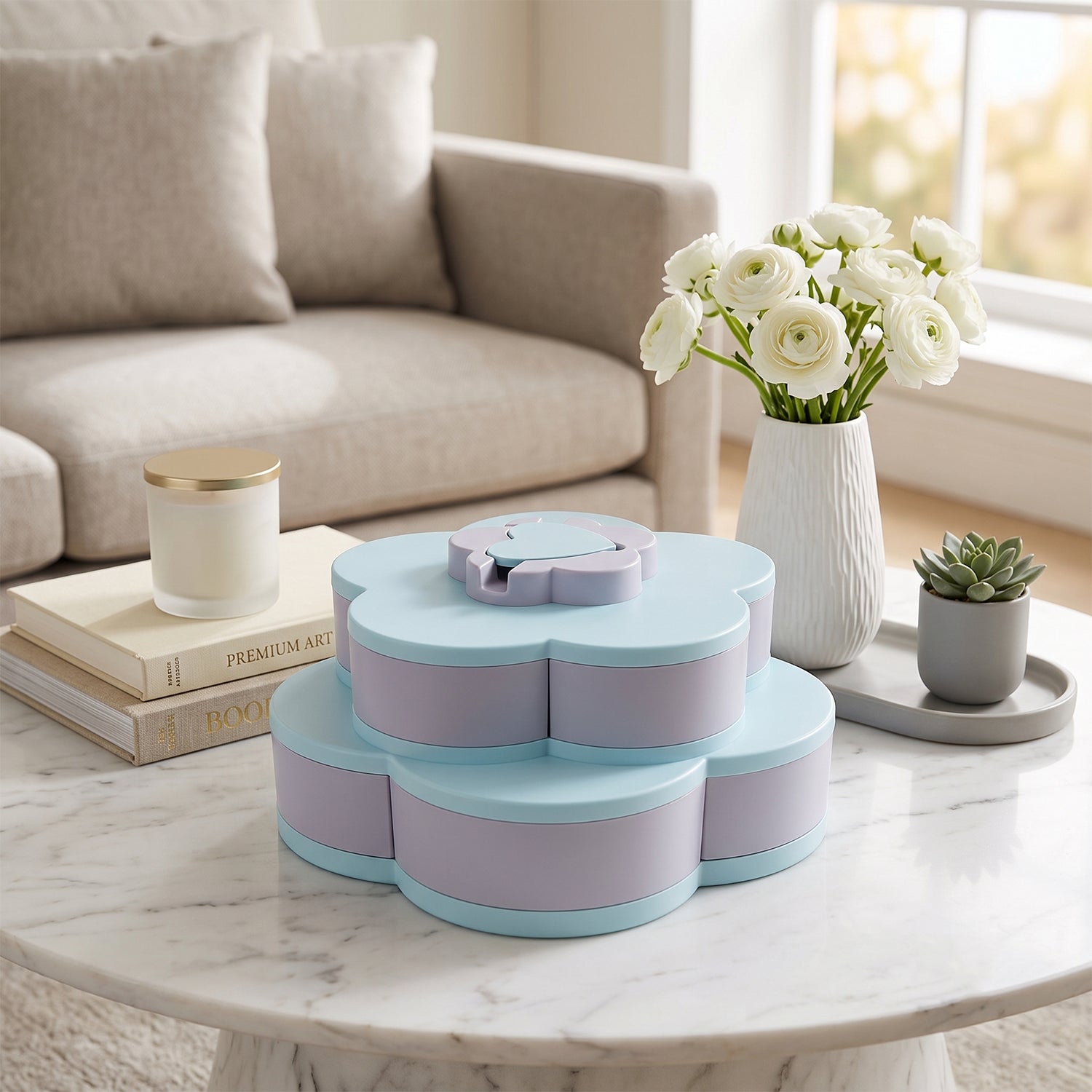 Flower snack organizer compartments open