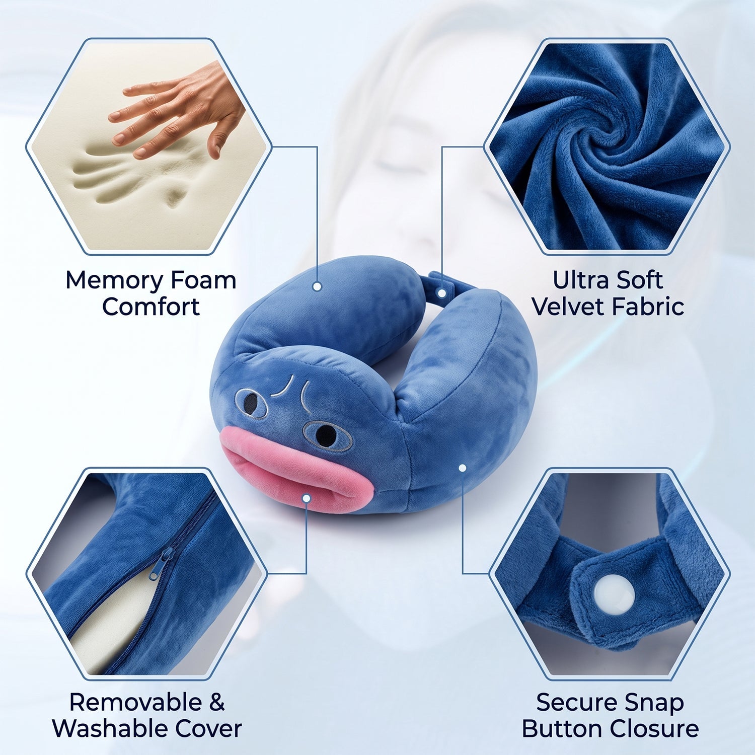 Blue neck pillow wearing view