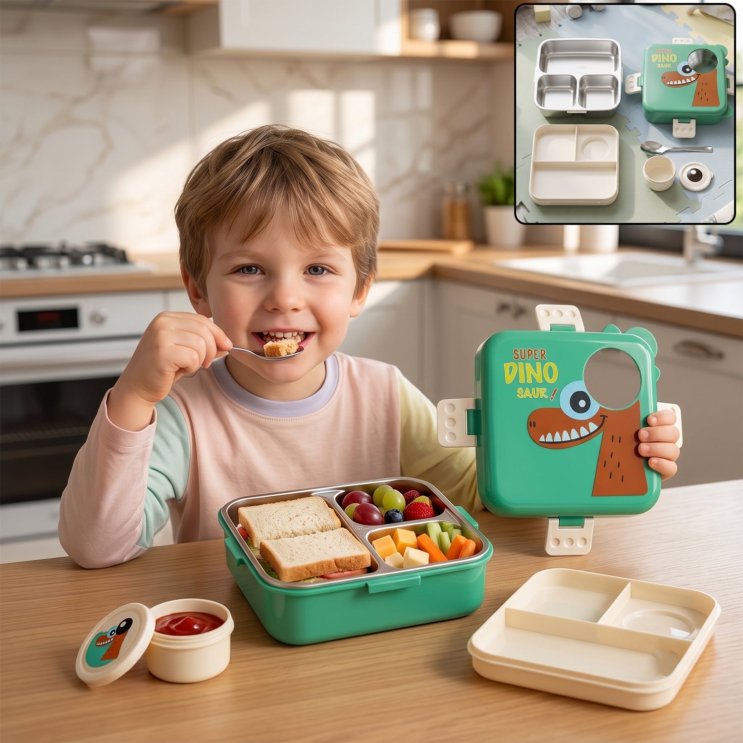 Steel kids dinosaur lunch box, bento tiffin with steel tray, spoon and sauce cup (1 set)