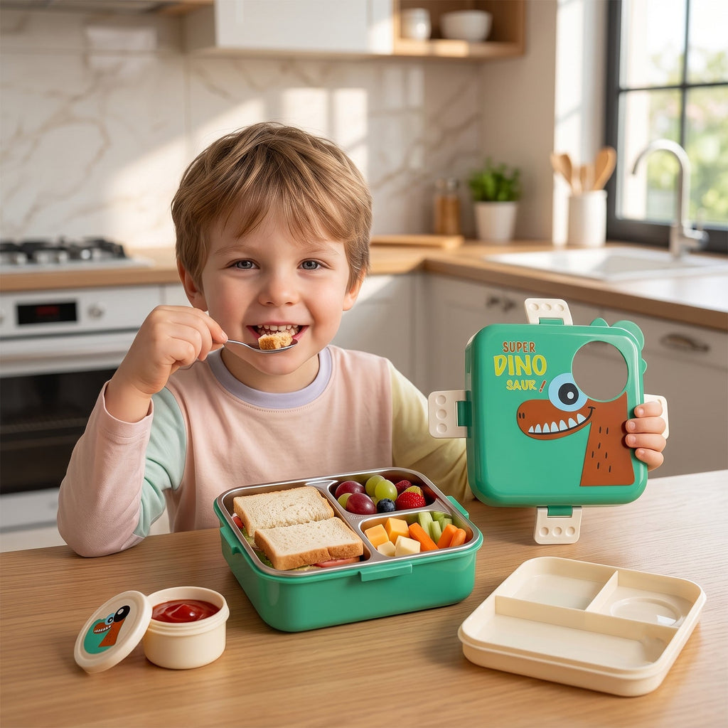 Cute dinosaur lunch box with spoon for school and travel