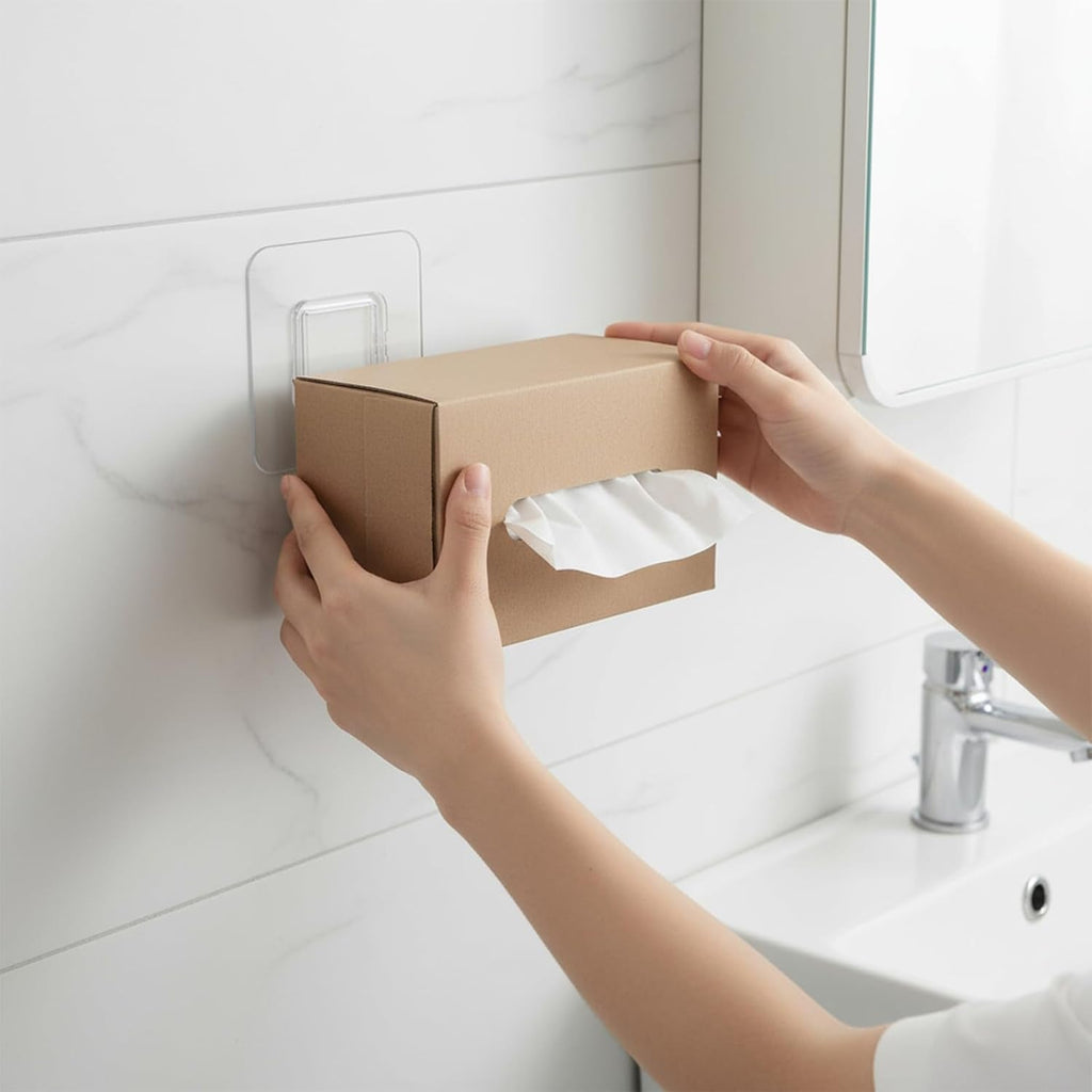 Transparent adhesive wall hook securely mounted in a modern bathroom setting.