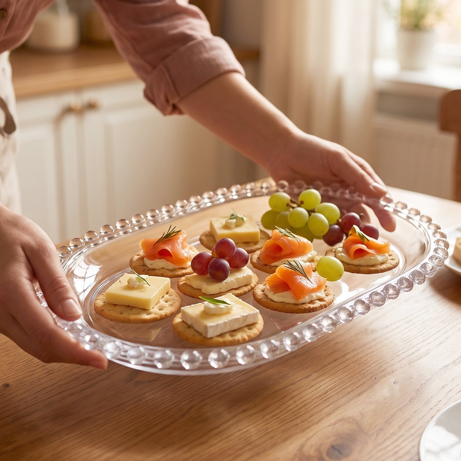 Crystal clear glass platter with beaded rim for table serving