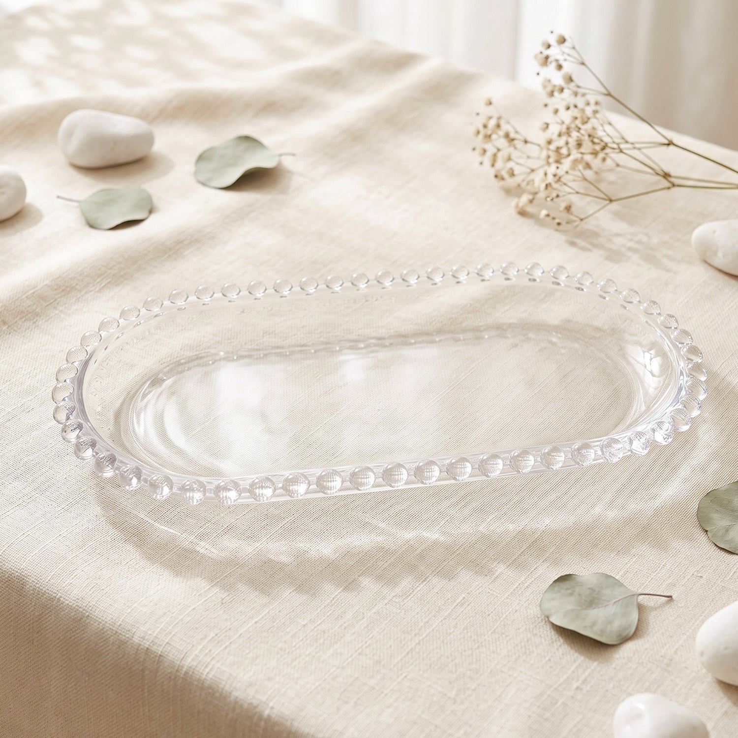 Decorative beaded edge glass platter for parties and dining