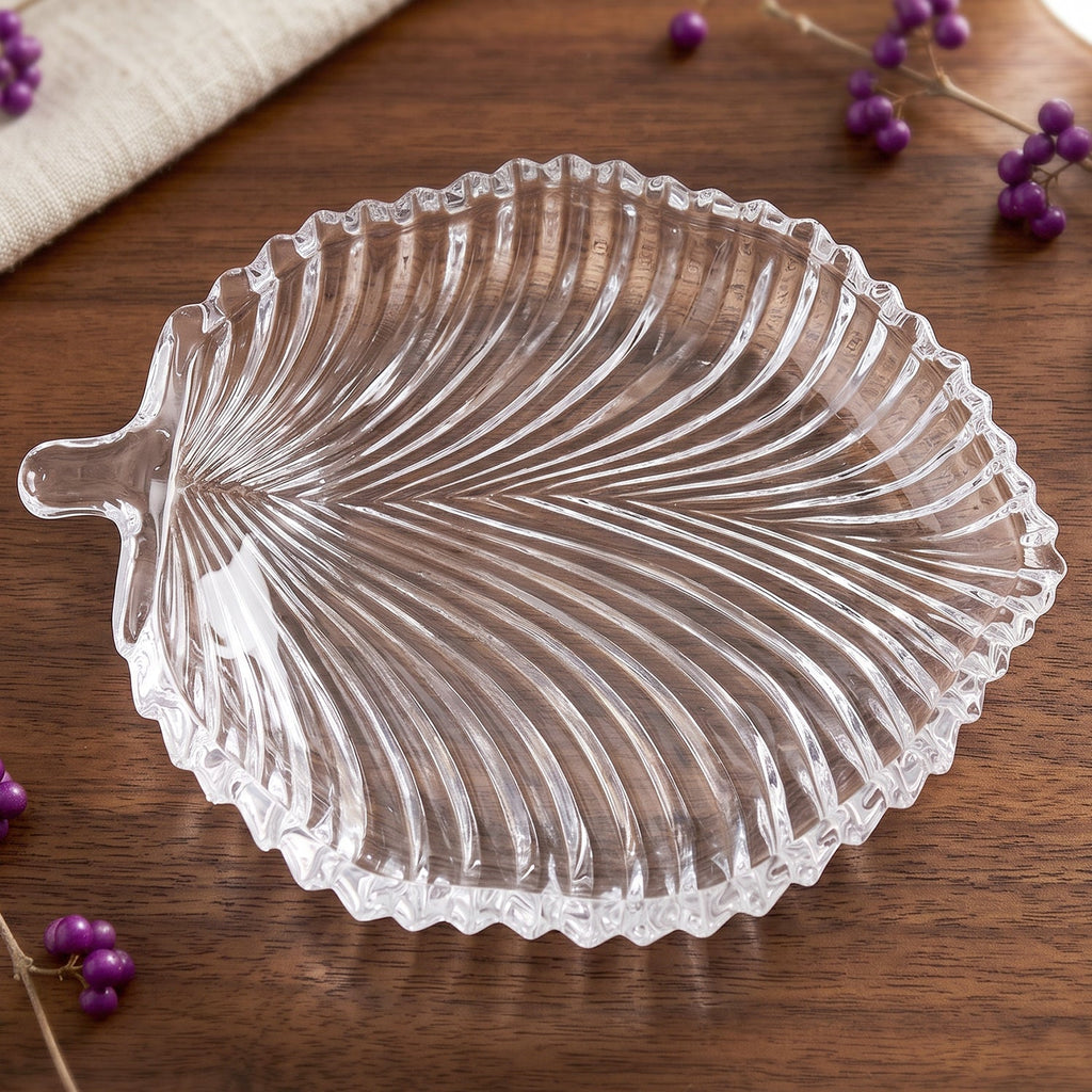 Stylish leaf shaped glass tray for nuts, chips and dry fruit