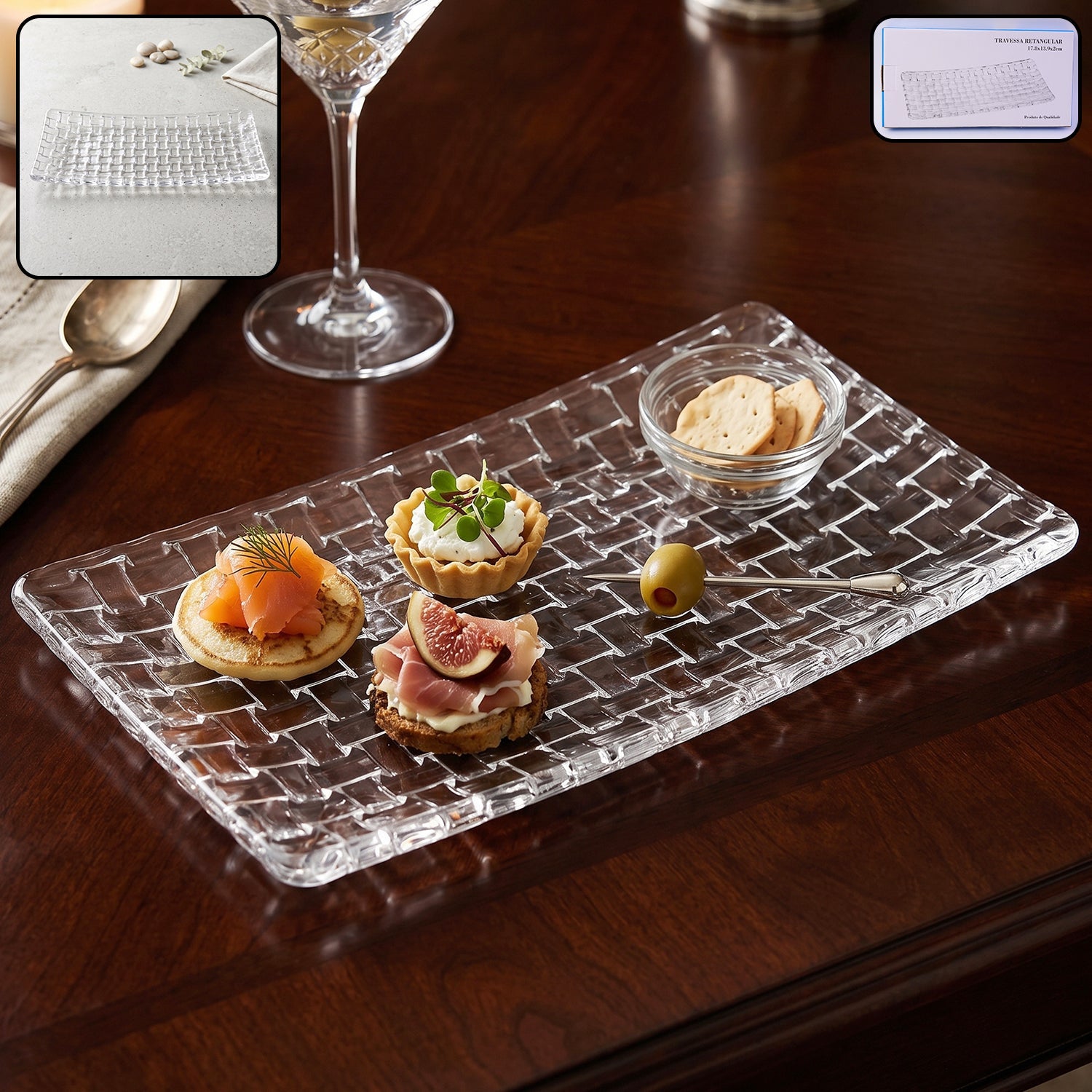 Transparent glass serving tray, 11 inch rectangular basketweave platter (1 pc)
