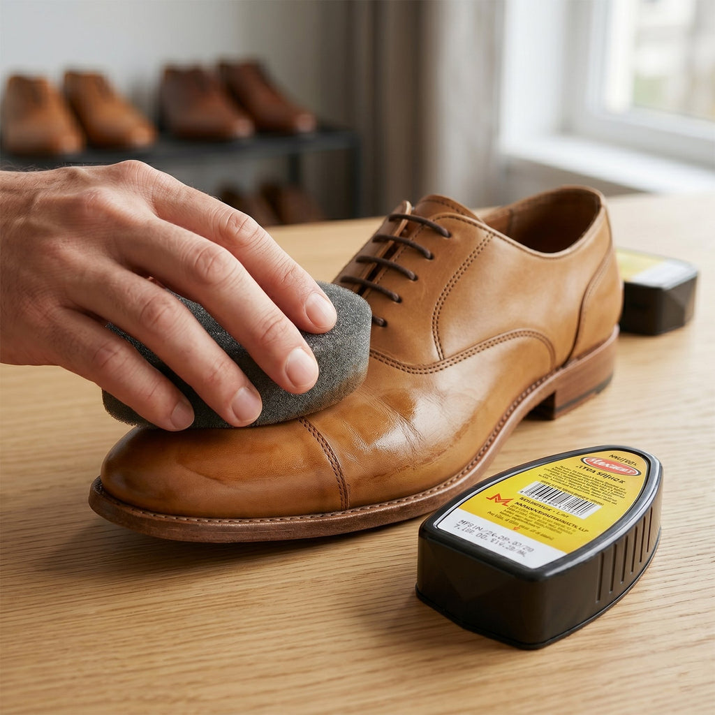 Quick neutral shoe polish for leather footwear, bottle shown on a clean surface.