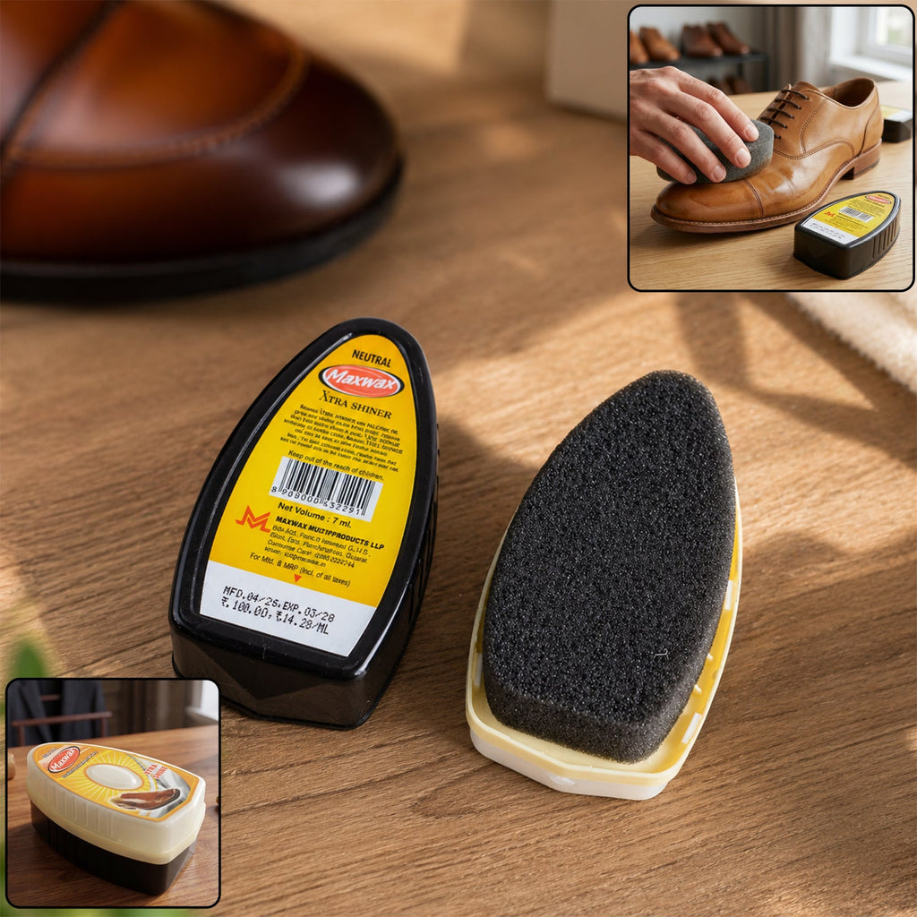 Neutral instant shoe shiner with sponge applicator for leather shoes, shown upright.