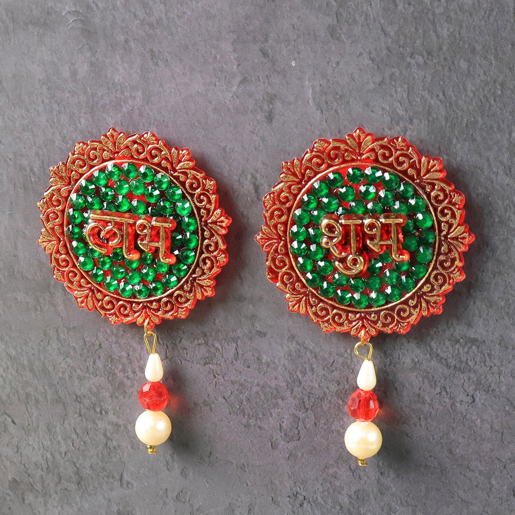Shubh Labh door hanging close-up displaying colorful beads and golden inscriptions