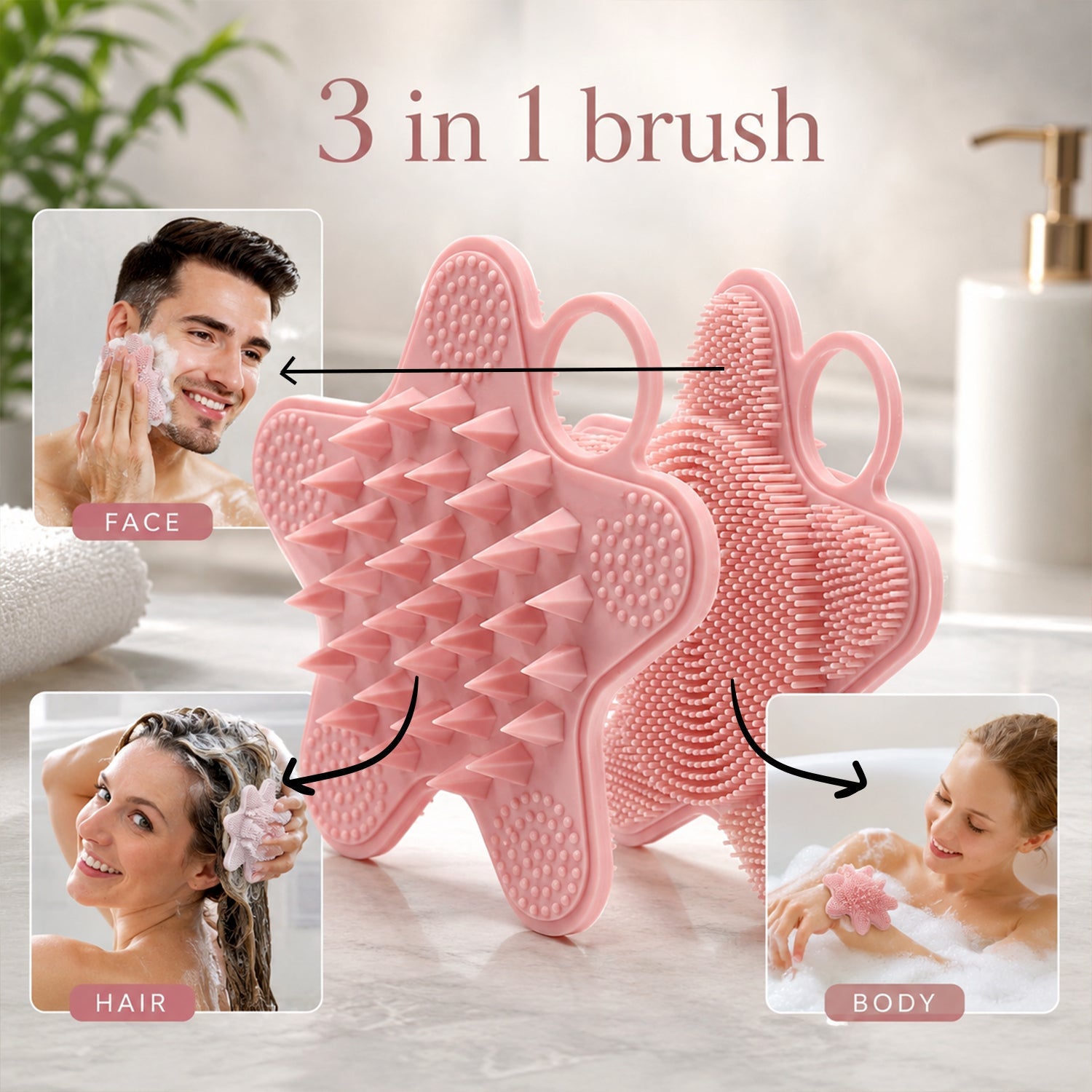 3 in 1 silicone shampoo scalp massager brush for face, hair and body (1 pc)