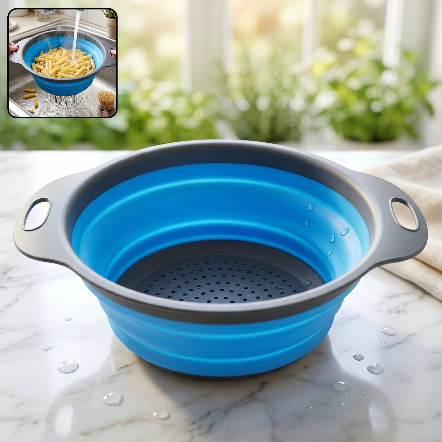 Foldable silicone round strainer colander handles