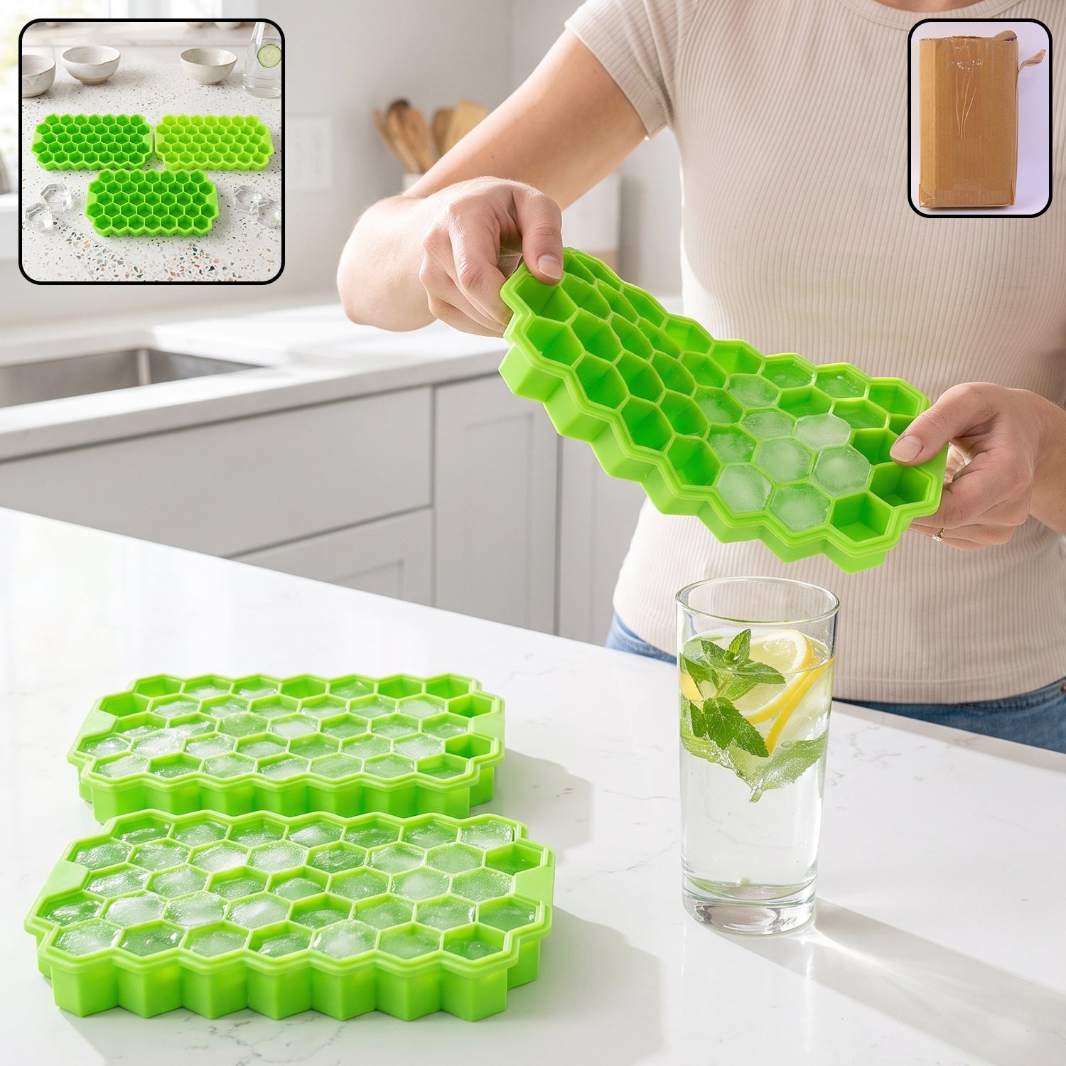 Silicone honeycomb ice cube tray, 37 cavity flexible freezer mould (3 pc set)