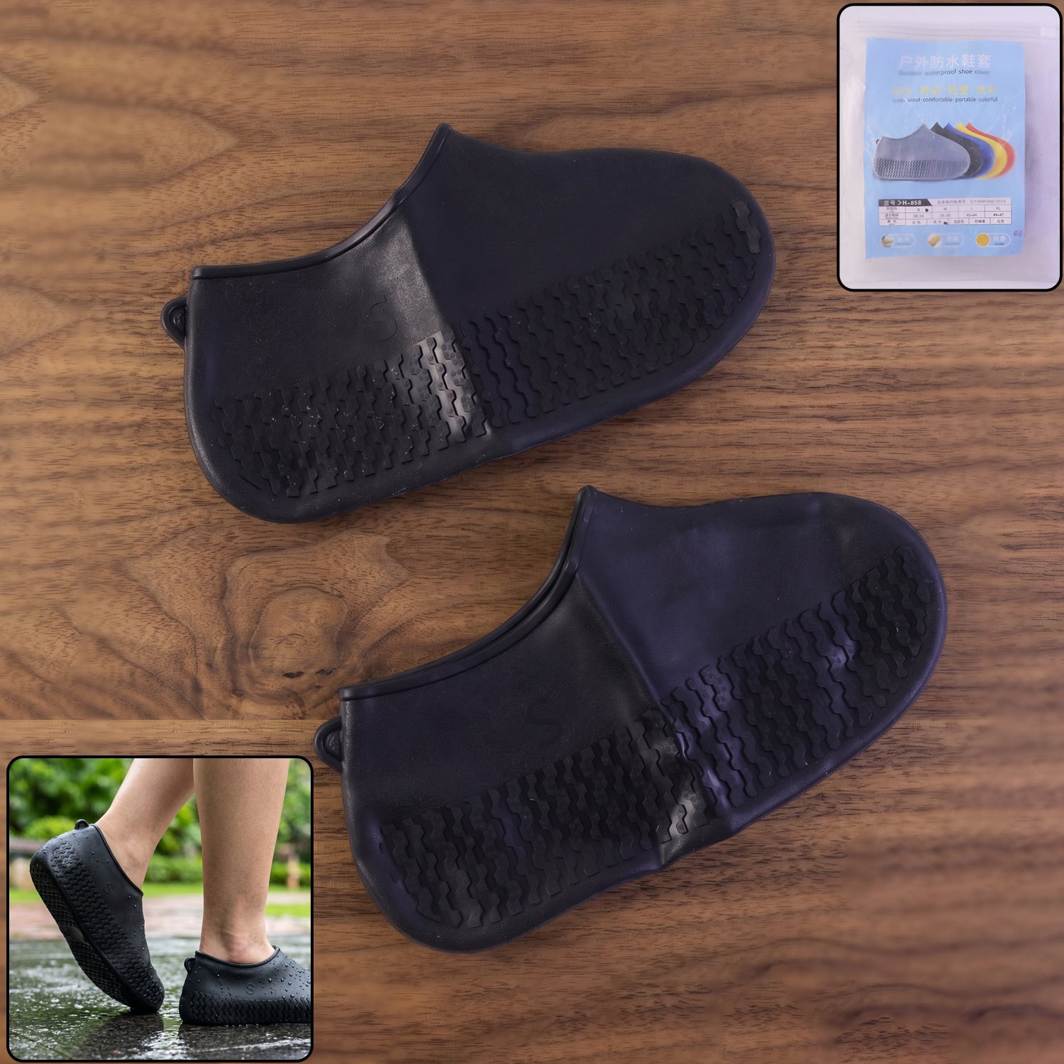 Black waterproof silicone rain shoe cover showing textured non-slip sole