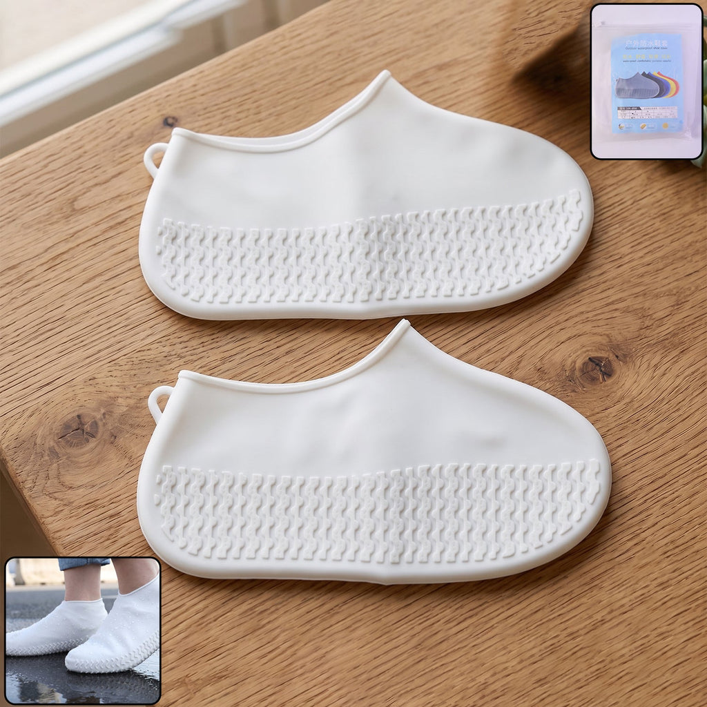 Small white waterproof silicone rain shoe cover for monsoon protection.