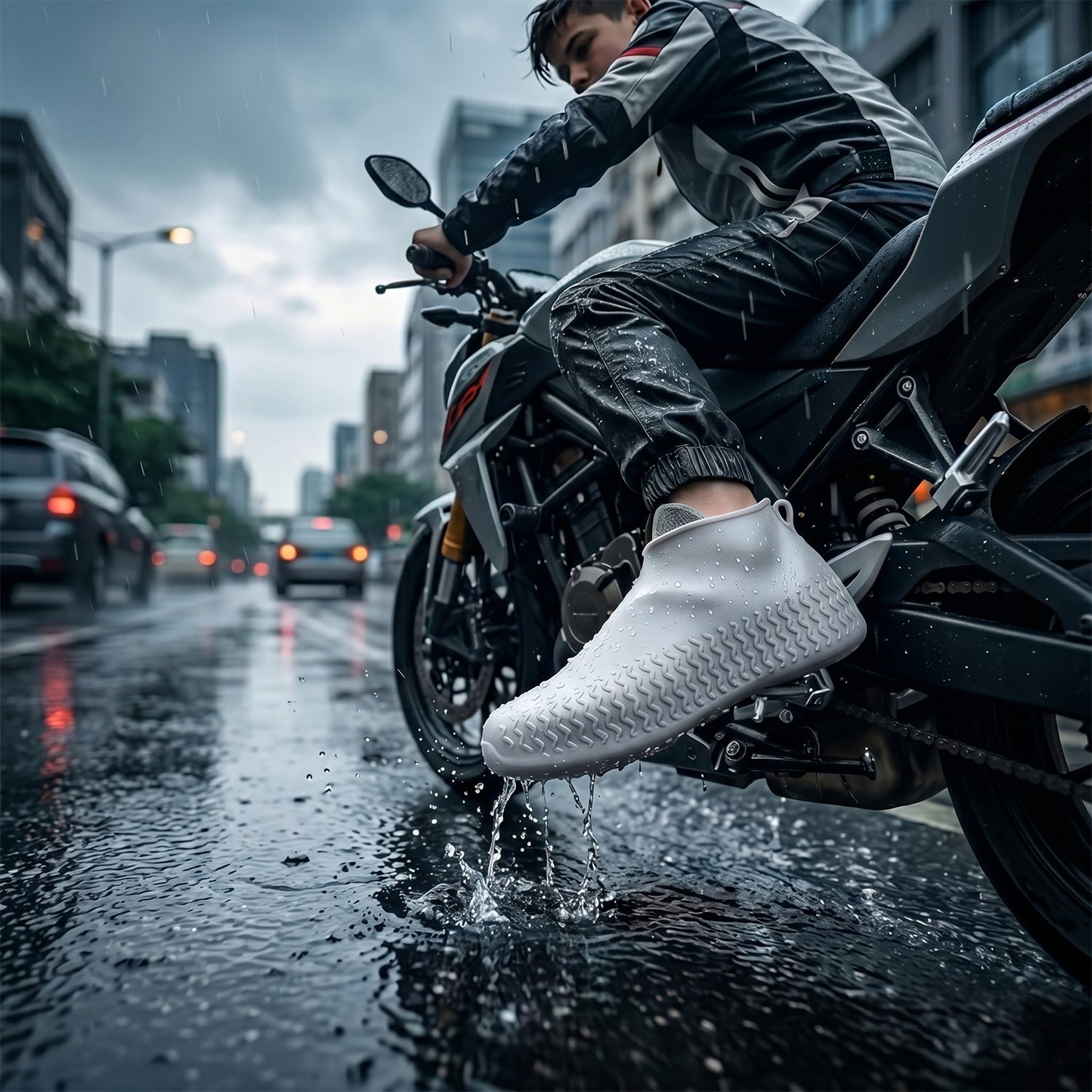 Single small white waterproof silicone rain shoe cover on a plain background.