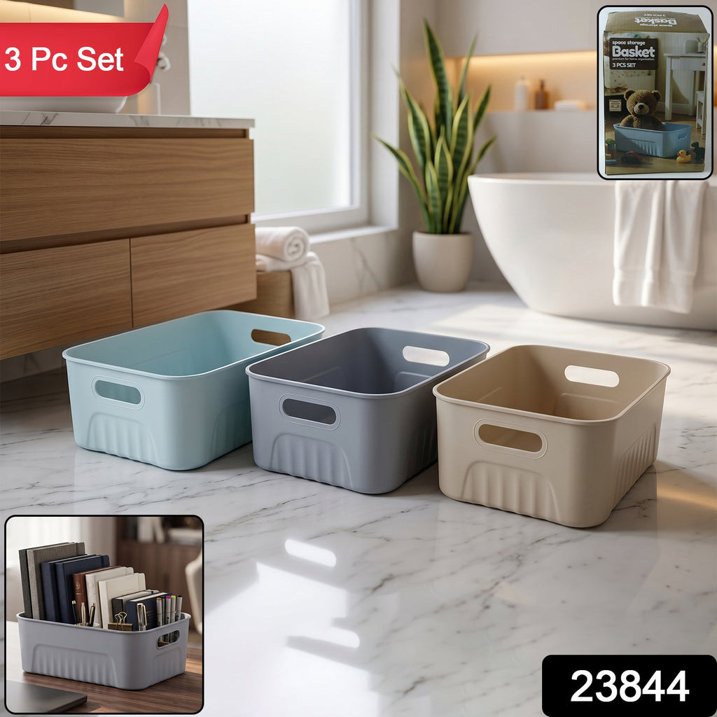 Compact plastic storage bins with handles, ideal for various household items.