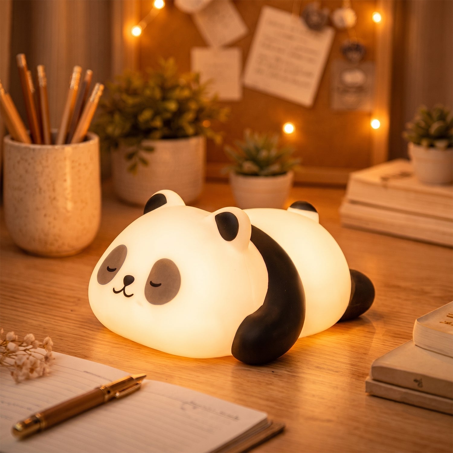 Squeezable silicone sleeping panda LED lamp for bedtime light