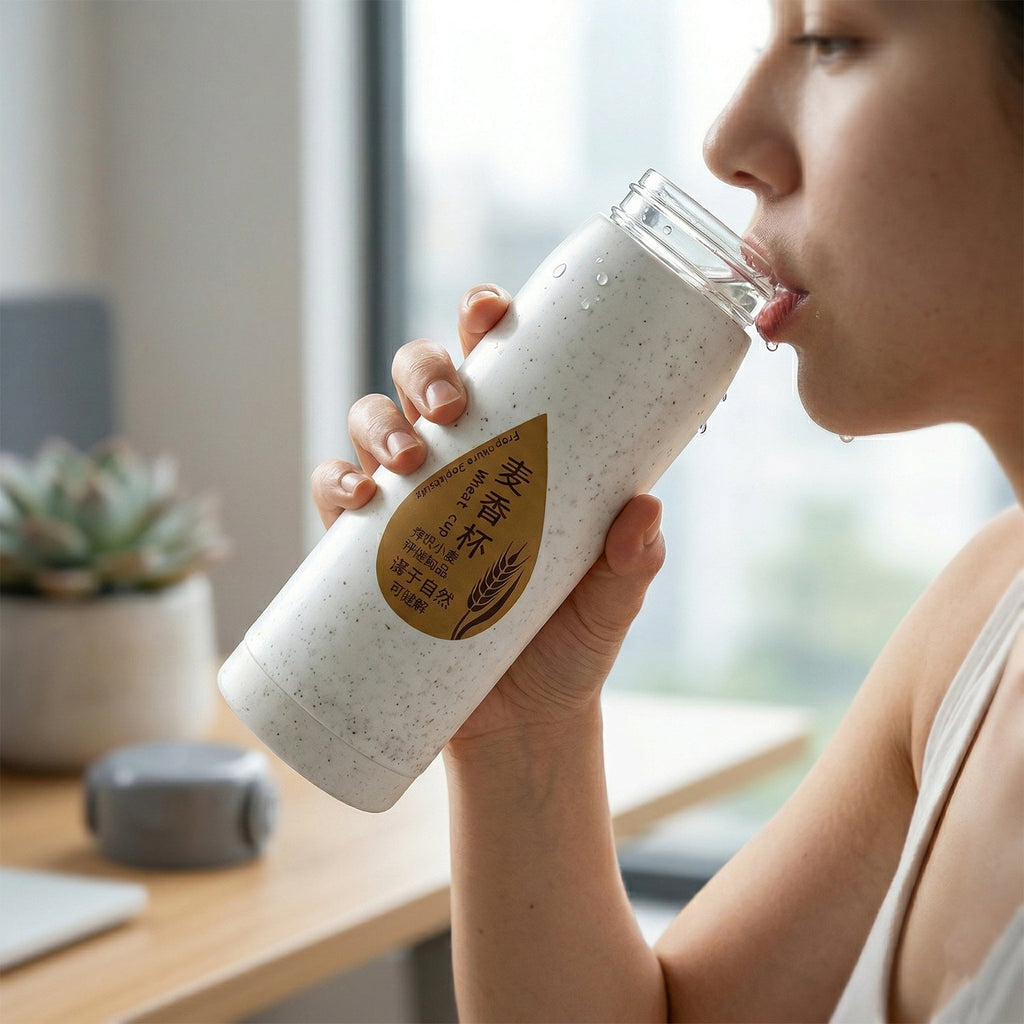 Office-ready glass water bottle with built-in phone stand