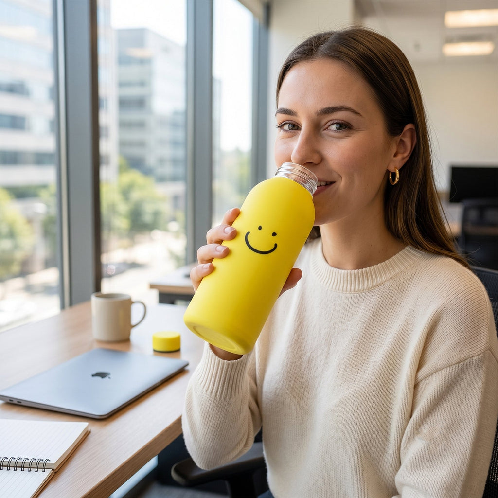 400 ML Smiley Face Glass Travel Water Bottle with Silicone Sleeve (1 Pc)