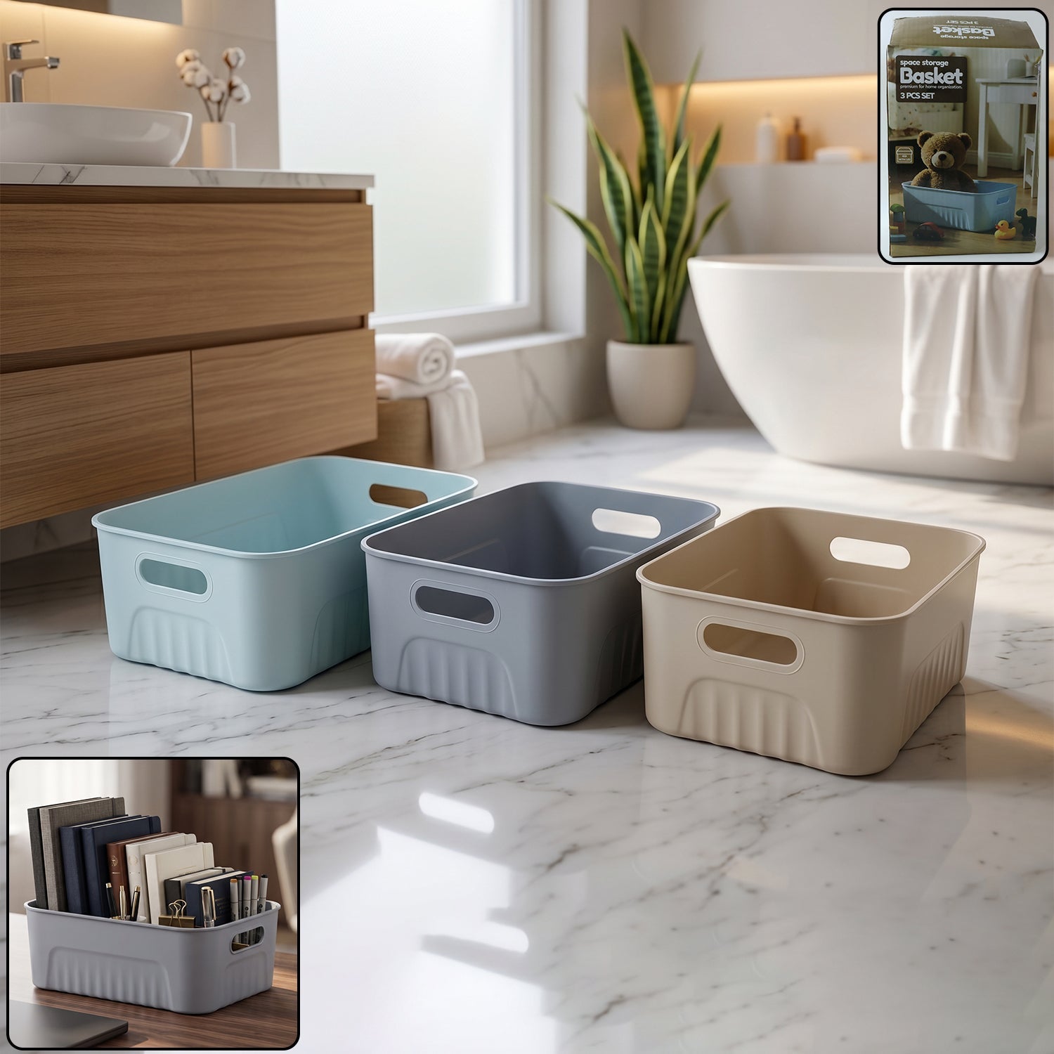 Multipurpose plastic storage basket set of three in assorted colours.