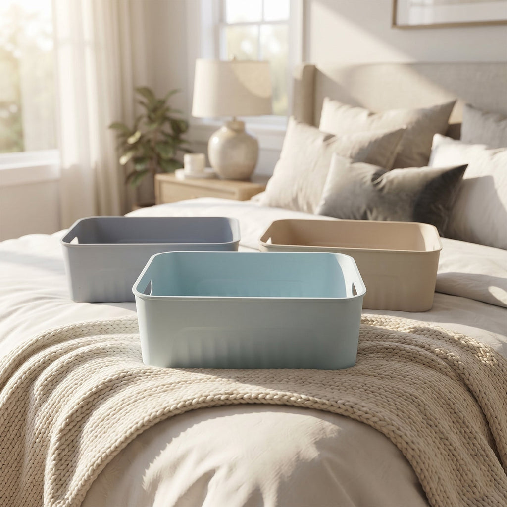 Individual plastic storage basket in a clean white background.