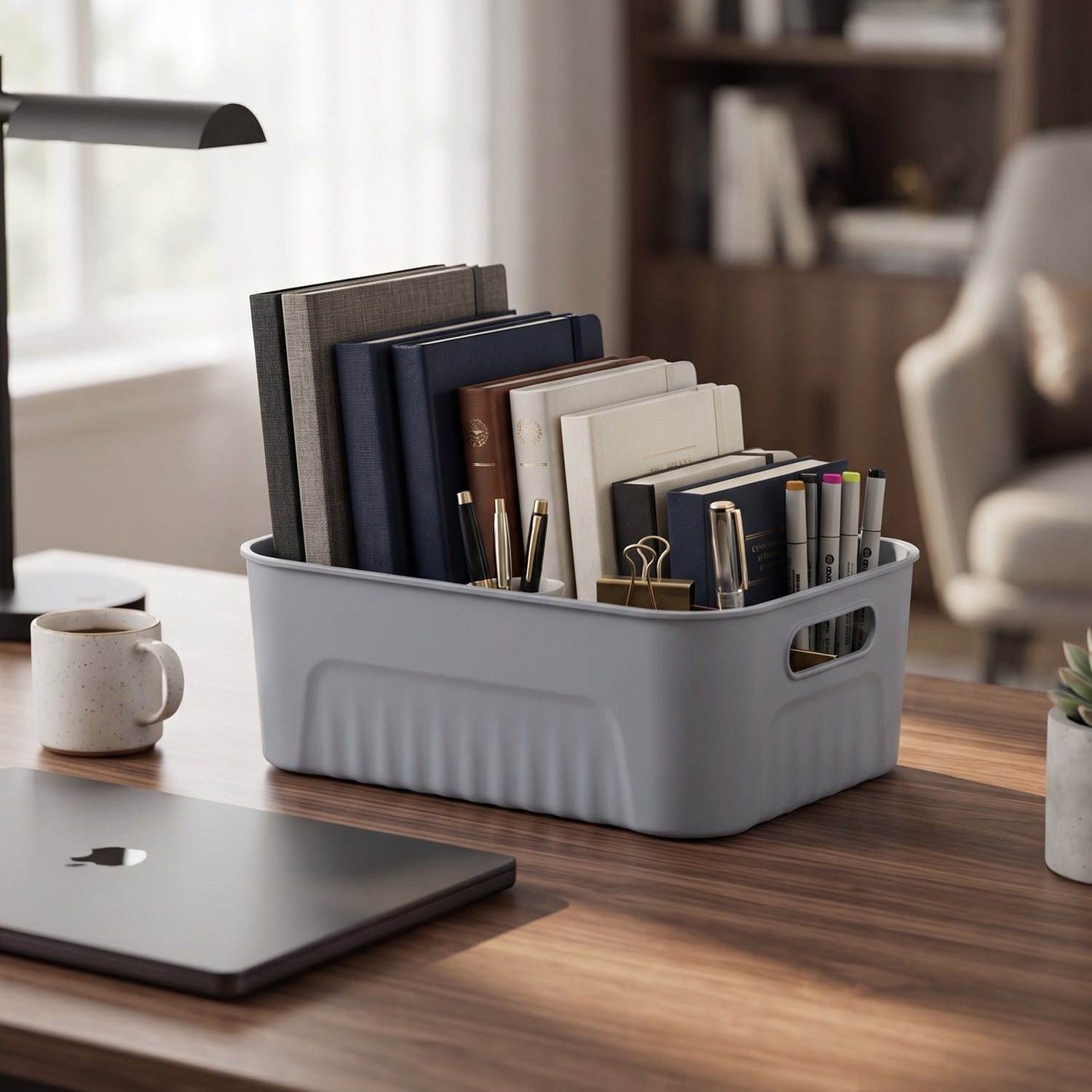 Close-up view of a sturdy plastic storage basket with integrated handle cutouts.