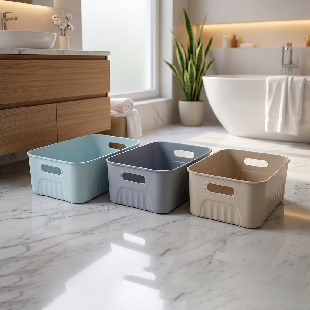 Three plastic storage baskets stacked neatly, demonstrating space-saving design.