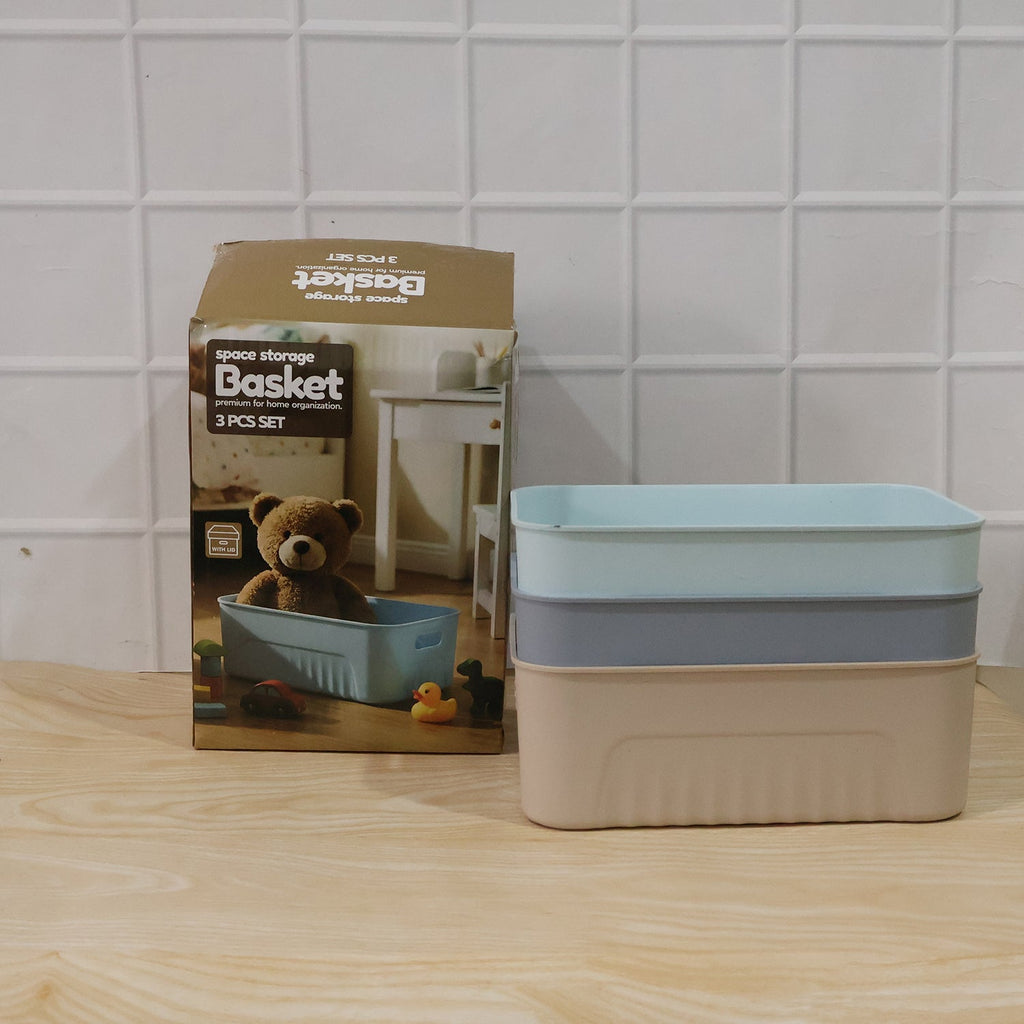 Plastic storage baskets in use, organizing items in a home environment.
