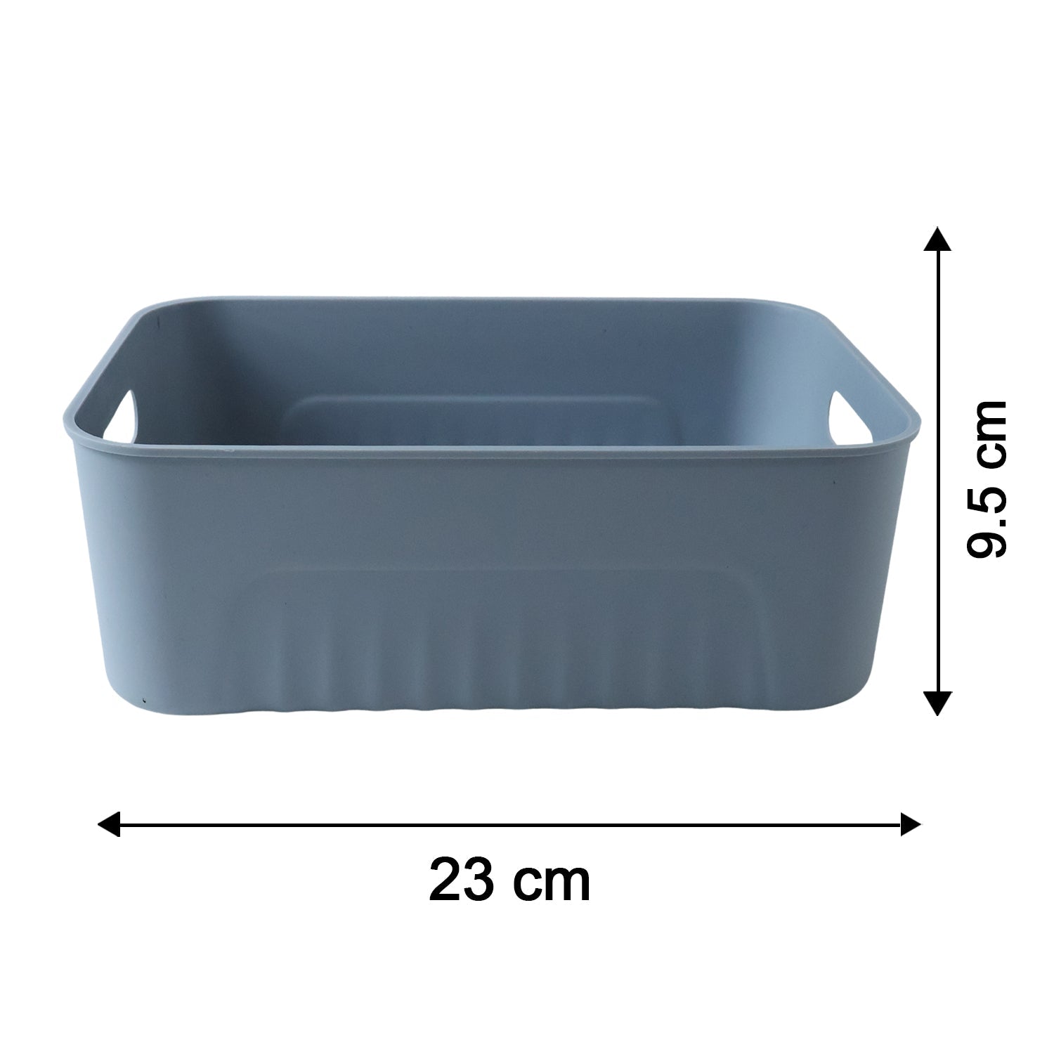 Dimensions of the multipurpose plastic storage baskets shown for sizing.
