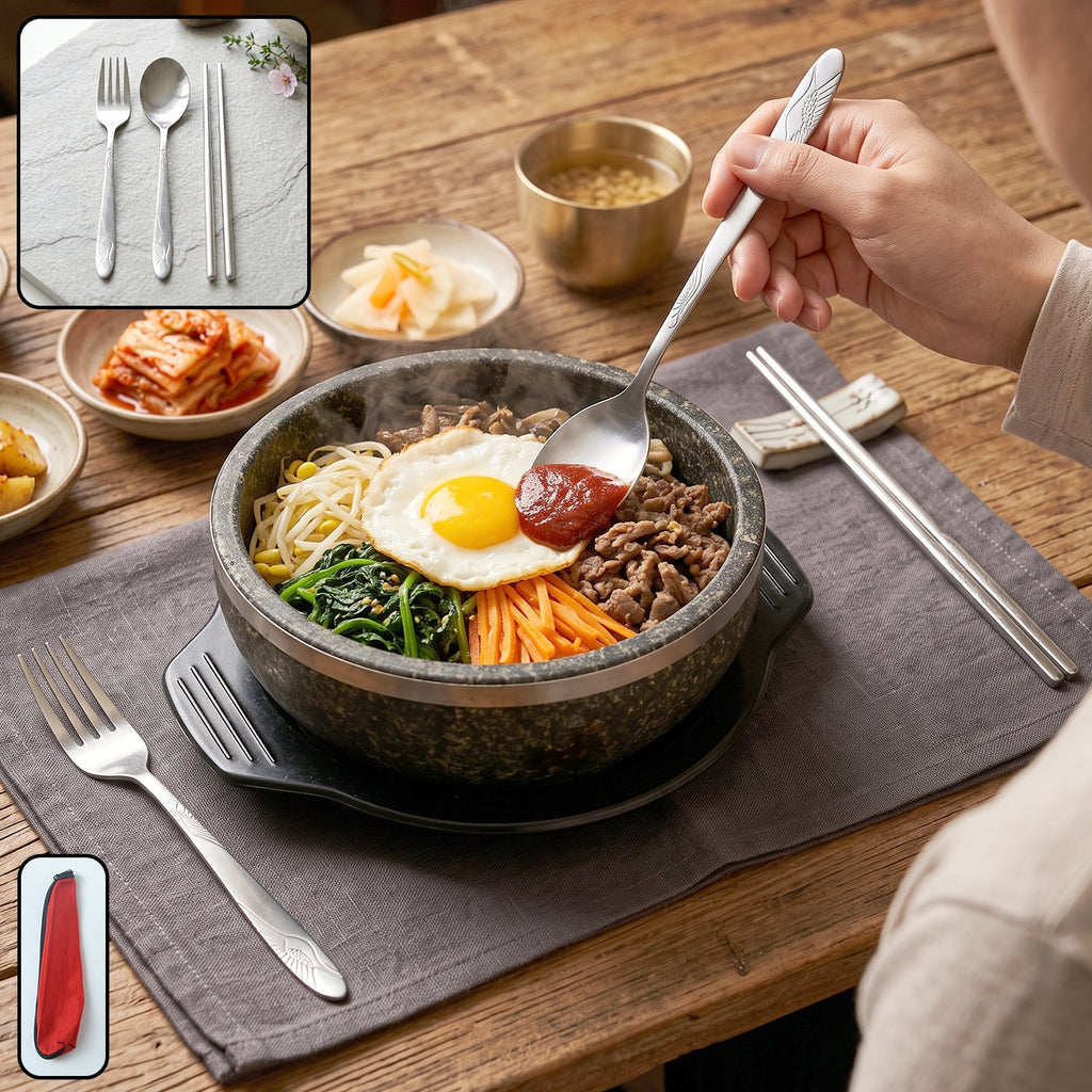 Portable stainless steel cutlery set with fork, spoon and chopsticks pouch (4 pc set)