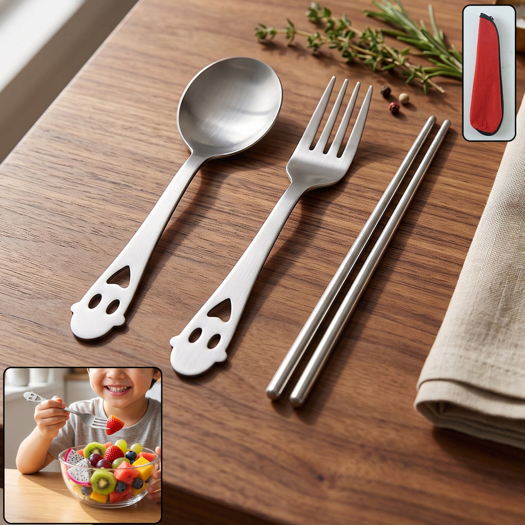 Stainless steel portable cutlery set with spoon, fork and chopsticks pouch (4 pc set)