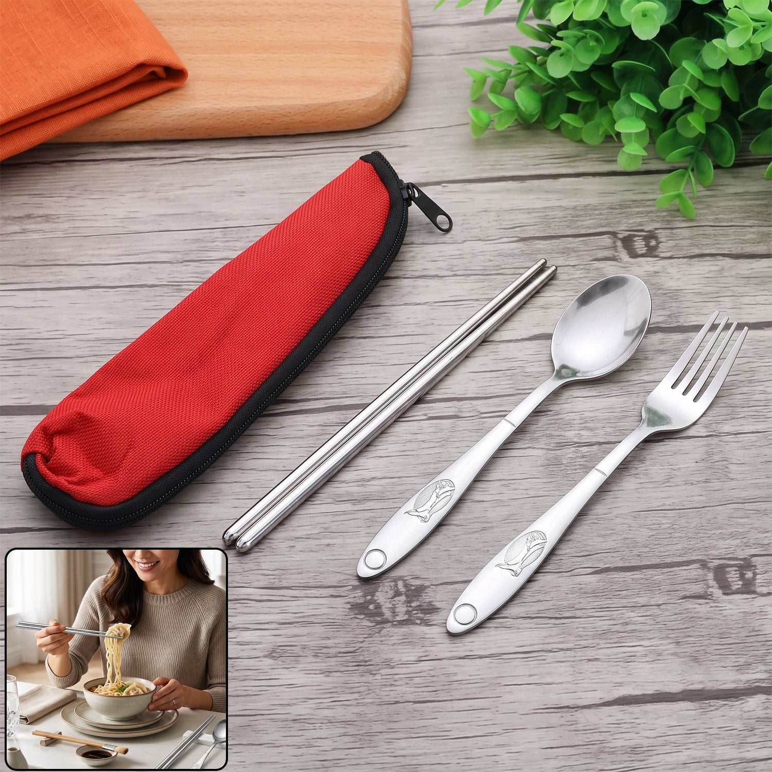 Portable stainless steel cutlery set with spoon, fork and chopsticks in a pouch (4 pc set)