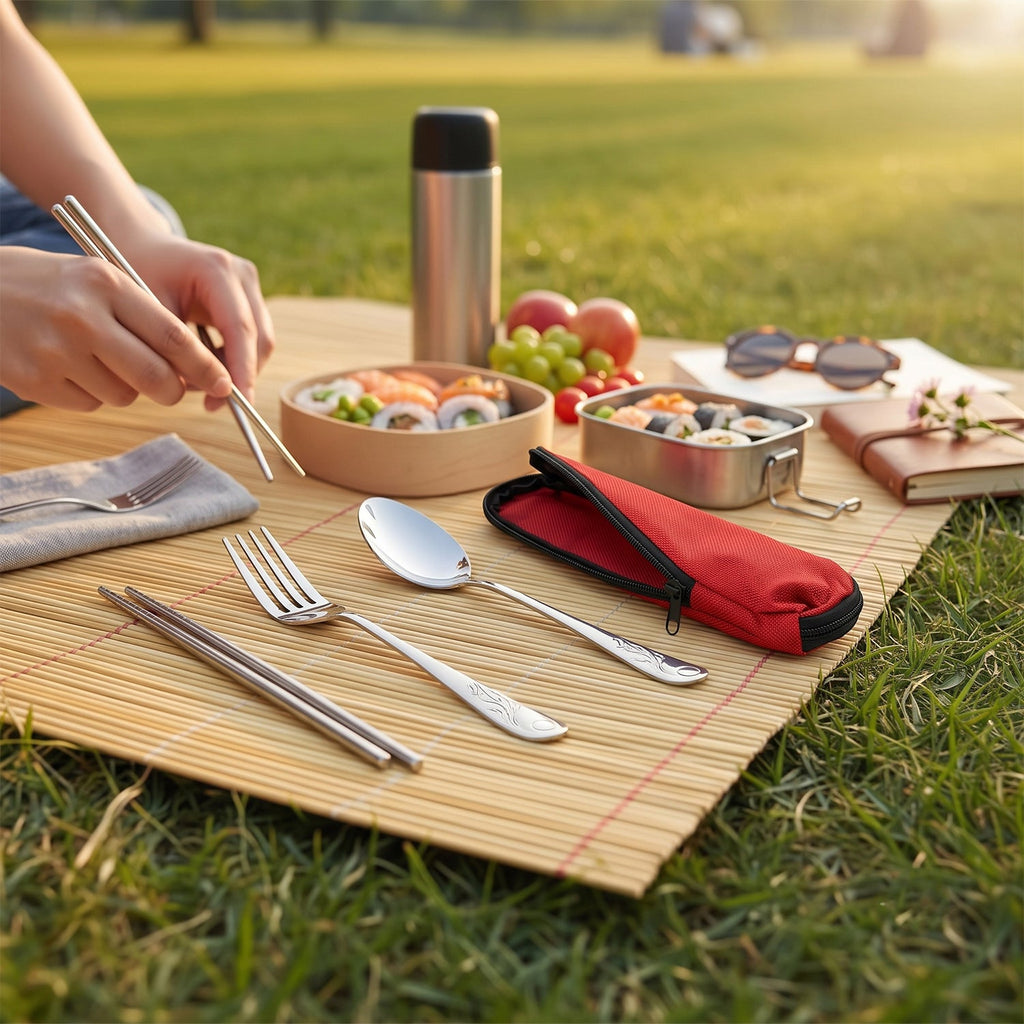 Durable stainless steel utensil set with portable pouch