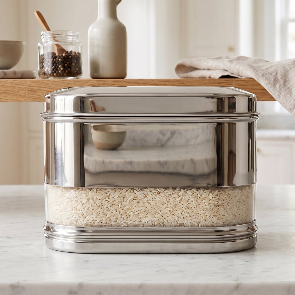 Side view of stainless steel modular oval canister in kitchen