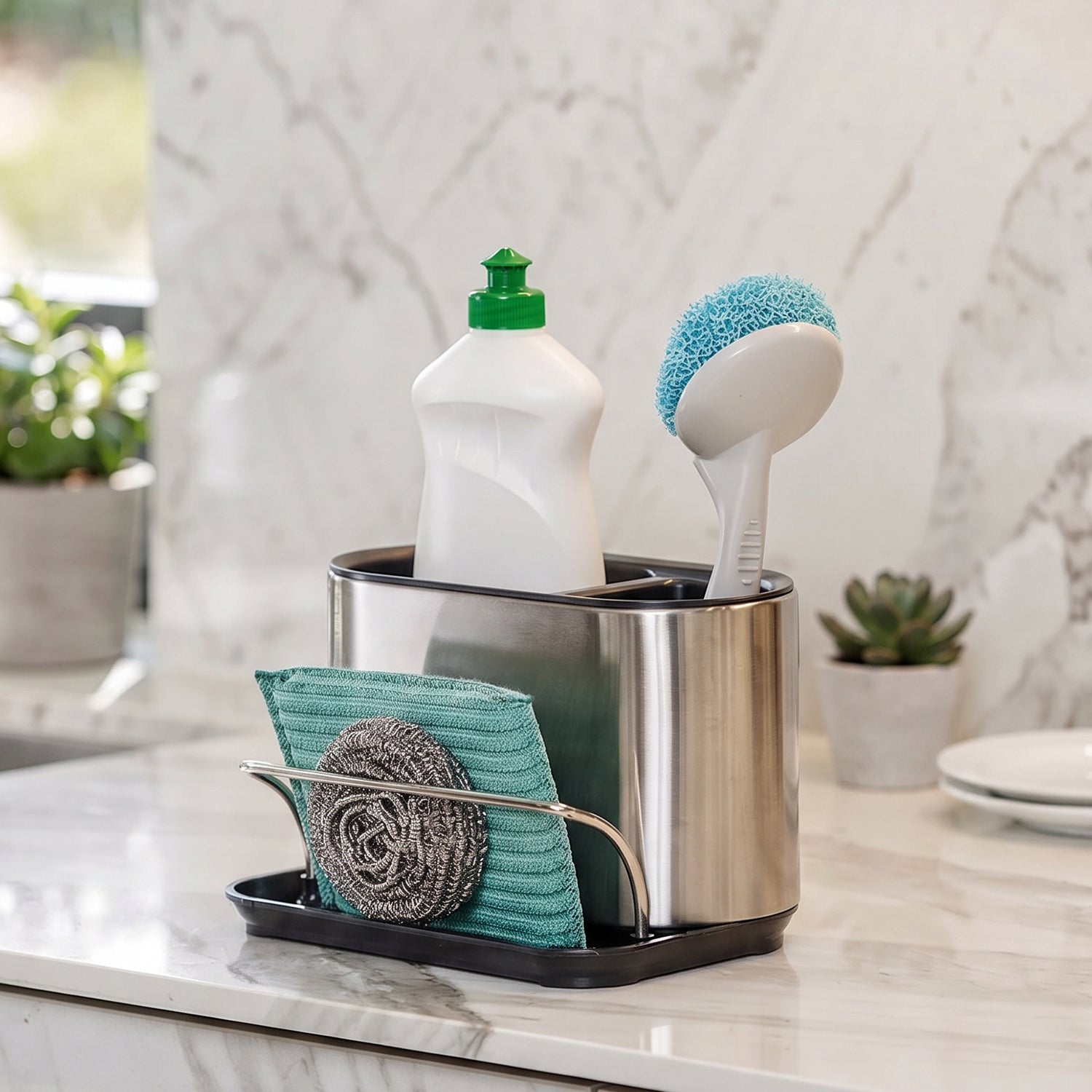 Durable steel sink side rack for dish brushes and pads