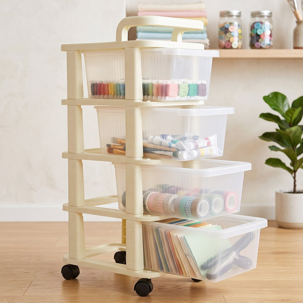 Plastic trolley organizer on wheels for kitchen and bathroom