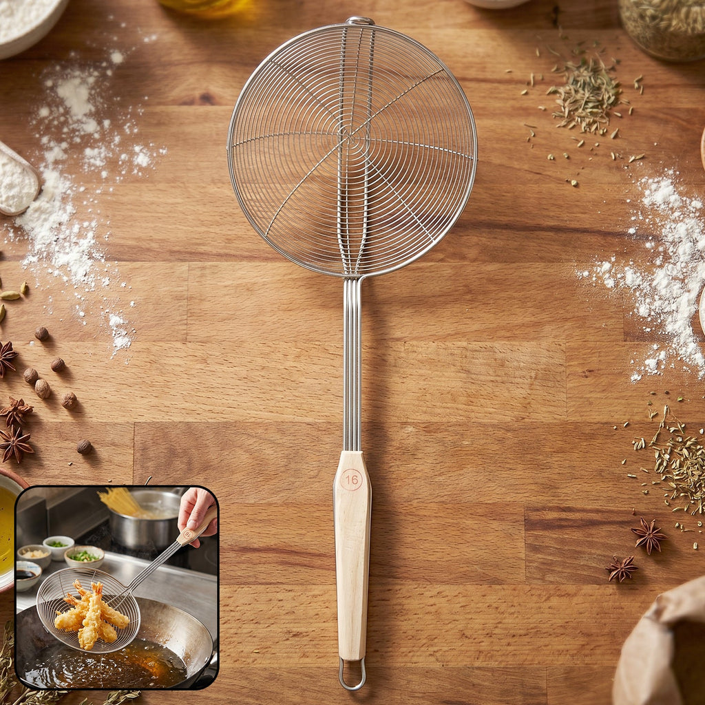 Stainless steel frying skimmer with wide mesh and wooden handle for safety and efficiency