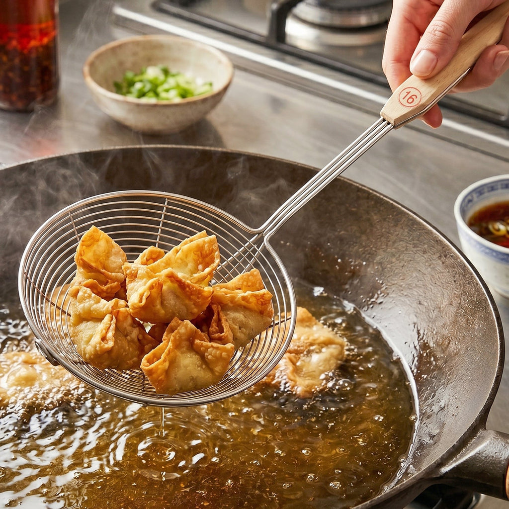 Kitchen oil strainer ladle with wooden handle for frying snacks like pakora and chips