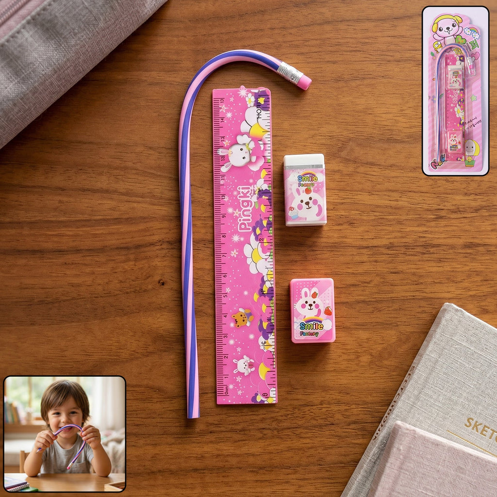 Pink kids stationery set with ruler, pencil, eraser, and sharpener for school.