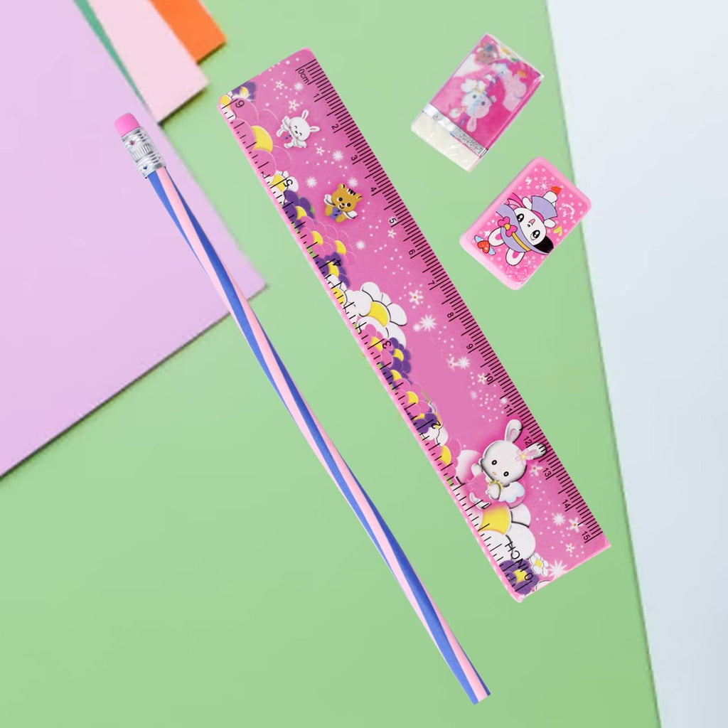 Fun pink stationery set for students, with ruler, pencil, eraser, and sharpener.