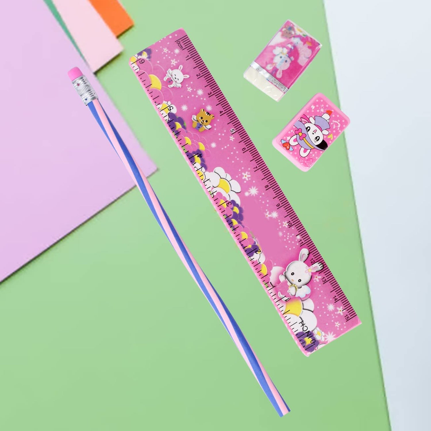 Fun pink stationery set for students, with ruler, pencil, eraser, and sharpener.