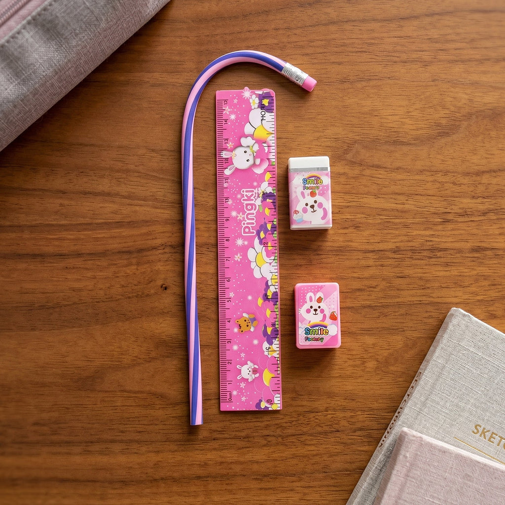 Colorful kids stationery kit with an engaging pink design, perfect for school.