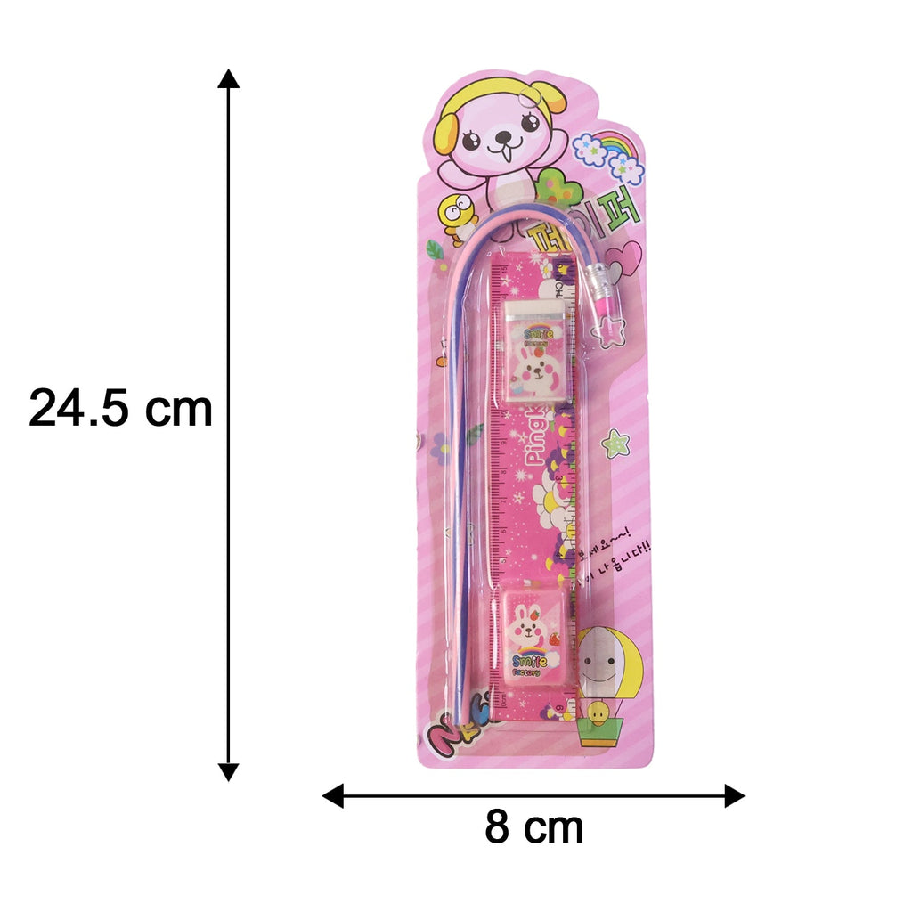 Bright pink stationery tools for kids, showcasing ruler, pencil, eraser, and sharpener.