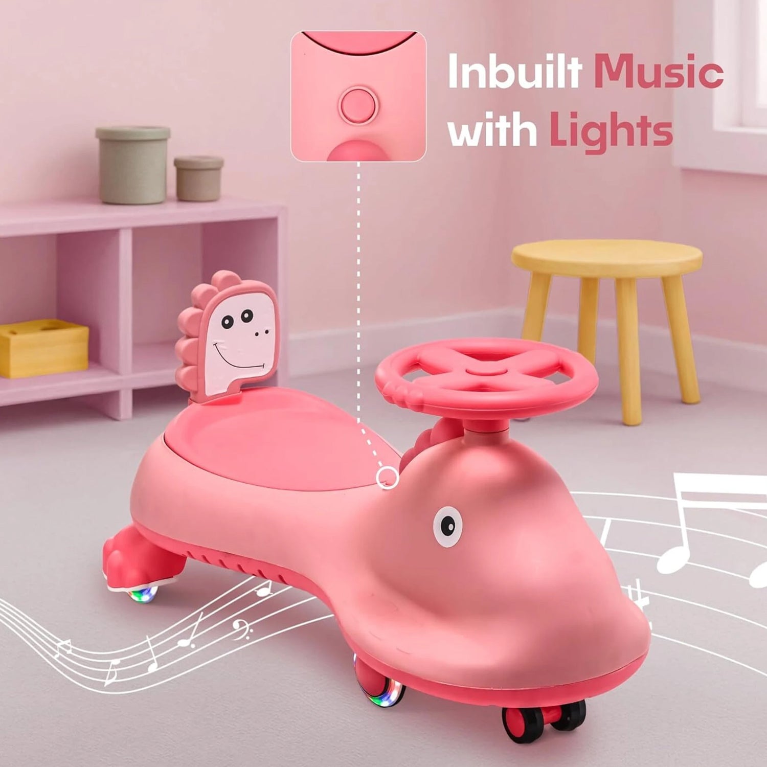Magic twist swing car with pink shark design and steering