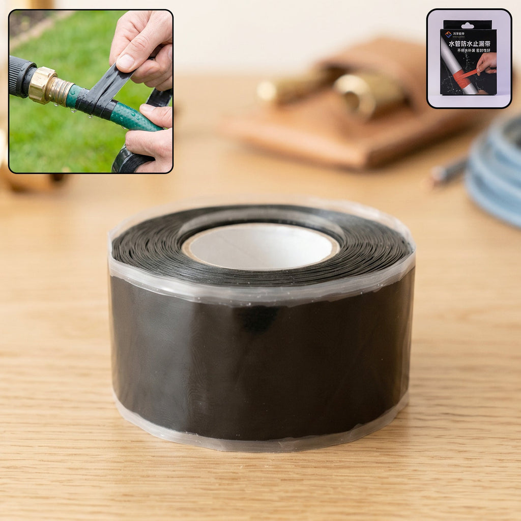 Waterproof self-fusing silicone repair tape rolled on a surface