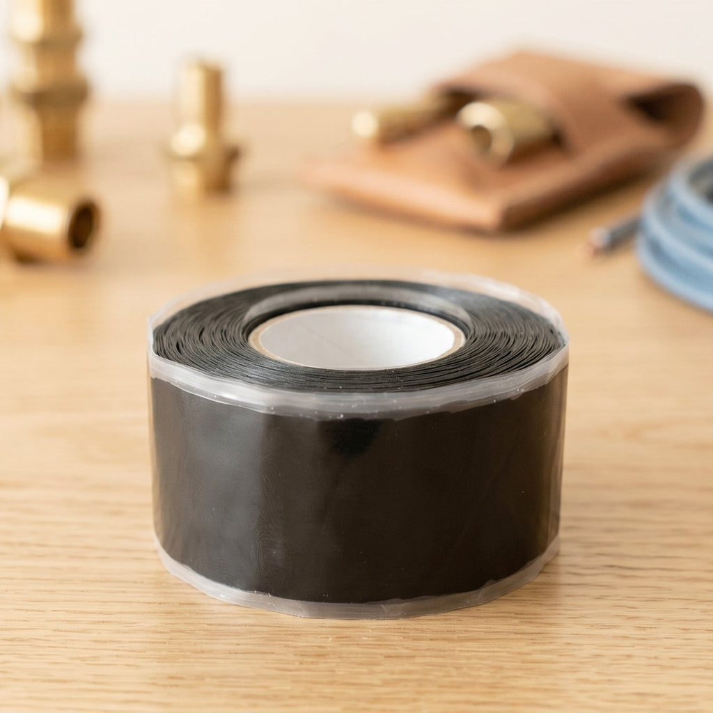 Black silicone repair tape wrapping around a garden hose