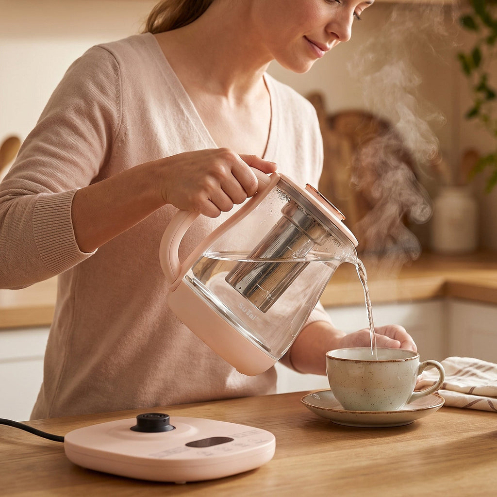 Multi temperature electric glass kettle for tea, coffee and herbs