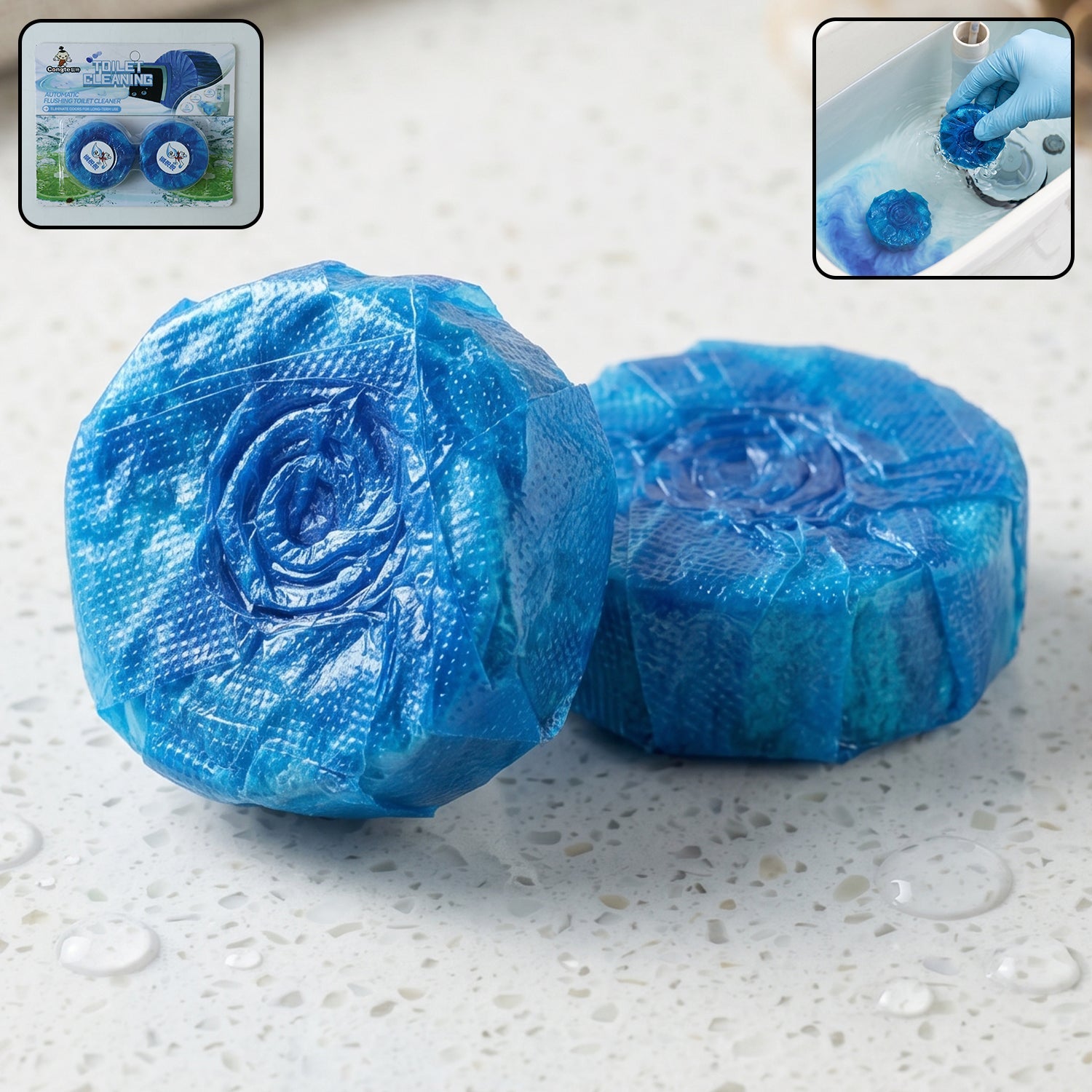 Blue flushing toilet cleaner tablet in bathroom setting
