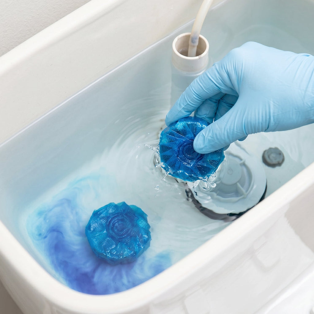 Long-lasting toilet cleaner block in use in the cistern