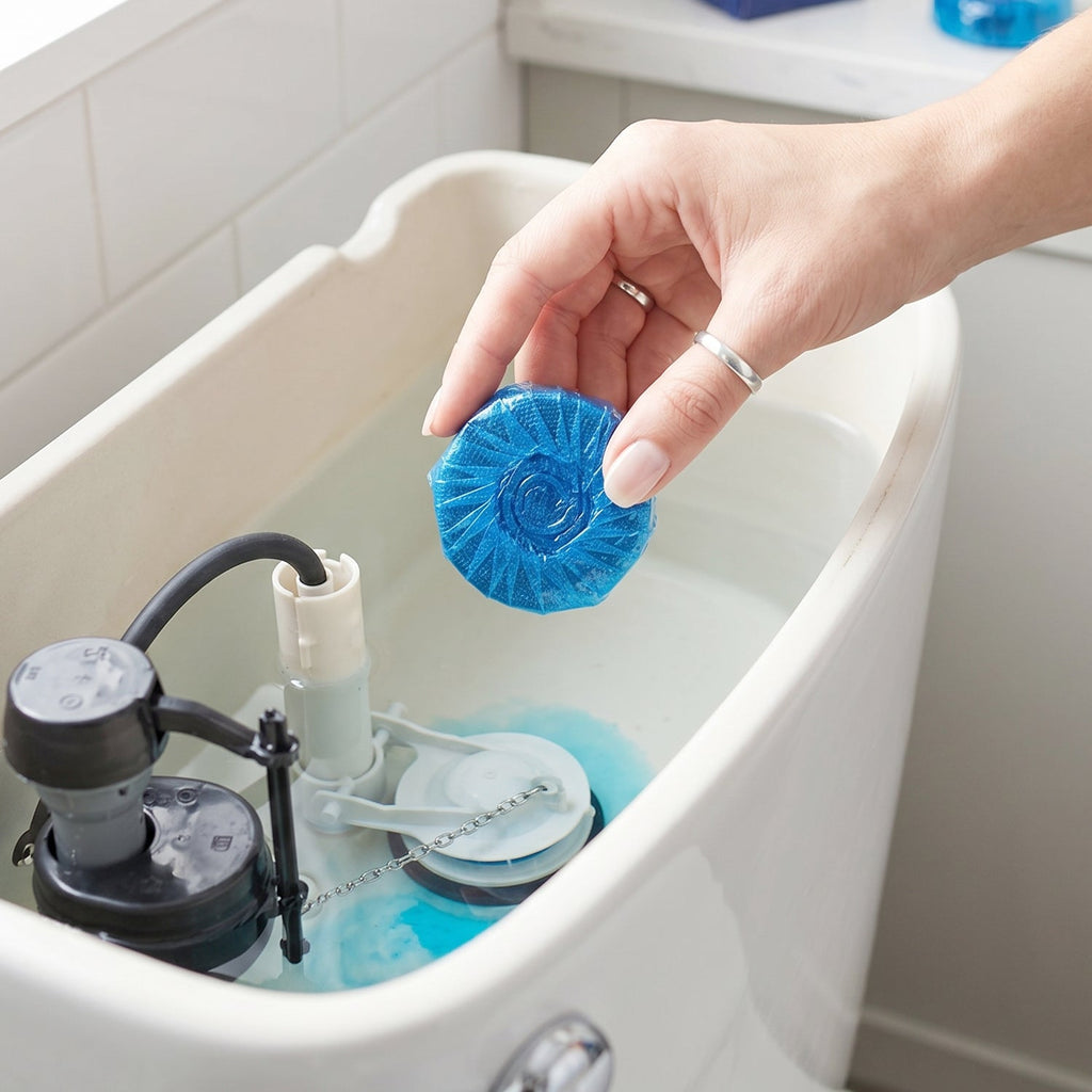Toilet tank with blue cleaner tablet inside